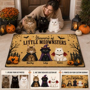 May include: A rectangular tan doormat featuring the text "Beware of LITTLE MEOWNSTERS" and illustrations of three cats dressed in Halloween costumes, labeled Rocky, Lily, and Coco, surrounded by black silhouettes of trees, bats, and pumpkins.