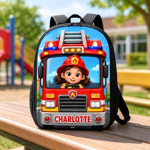Personalized Girls Firer Truck Backpack, Custom Name Kids Bookbag, Back To School 2026, Firefighter Birthday Bag, Fire Lover Gift ttnt137
