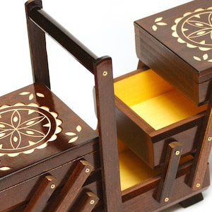 Könnte beinhalten: Eine dunkelbraune Holz-Nähkiste mit Griff, Schubladen und Fächern. Die Kiste hat dekorative florale Designs auf dem Deckel und den Seiten, mit einer kontrastierenden hellfarbigen Intarsie. Das Innere der Schubladen ist mit einem leuchtend gelben Stoff ausgekleidet.