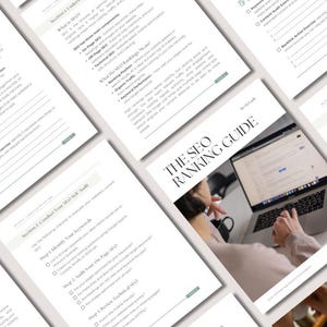 May include: A stack of printed pages with the title "THE SEO RANKING GUIDE" and a person using a laptop. The pages contain text and checklists about SEO, including sections on keywords, on-page SEO, and technical SEO.