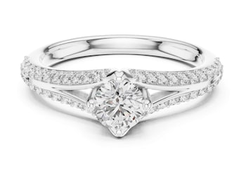 Round Cut Engagement Ring, Pave Split Shank Moissanite Ring, 10K White Gold Solitaire with Accents, Timeless Engagement and Wedding Set Ring
