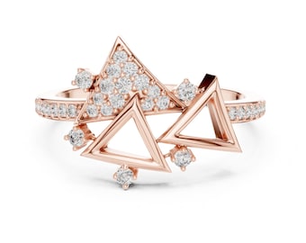 Geometric Triangle Moissanite Ring in 10K/14K Rose Gold, Unique Cluster Statement Ring, Modern Pave Jewelry, Alternative Engagement Ring