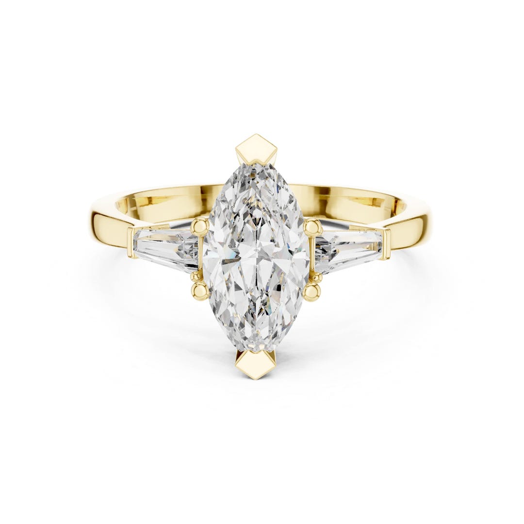 Vintage Art Deco Moissanite Marquise Engagement Ring, Solid Yellow Gold ...