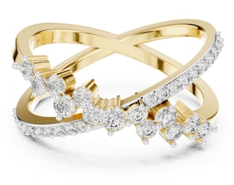 Diamond Criss Cross X Rin, Wide Two-Tone Yellow Gold Statement Ring, Cluster Diamond Ring, Unique Crossover Wedding Band, Anniversary Gift