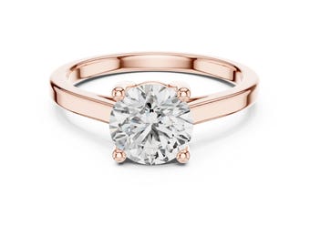 Rose Gold Solitaire Moissanite Engagement Ring, 14K Round Brilliant Cut, Timeless 4-Prong Proposal Ring for Her, Simple Bridal Jewelry Gift
