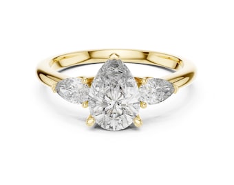 IGI Certified Pear Cut Lab Diamond Three Stone Engagement Ring, Pear Side Diamond, 14k Yellow Gold Ring, Vintage Style Anniversary Ring