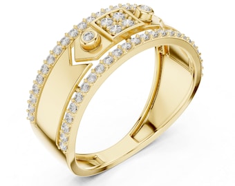 Bold 10K Gold Moissanite Band Ring for Men, Wide Pave Diamond Wedding Band, Geometric Diamond Signet Style Ring, Anniversary Gift for Him