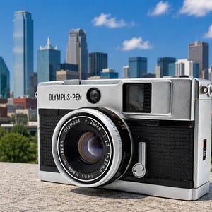 以下が含まれることがあります： シルバーとブラックのオリンパス・ペンフィルムカメラ。前面にF. Zuiko 1:1.7 f=32mmレンズを搭載。カメラ本体には黒いテクスチャ加工のグリップ、ブランド名が刻印されたシルバーのトッププレート、前面右側に小さな金属製のレバーが付いています。