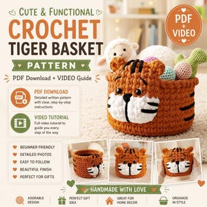 Crochet Tiger Basket Pattern | Amigurumi Storage Bin Tutorial (PDF Download + VIDEO Guide)