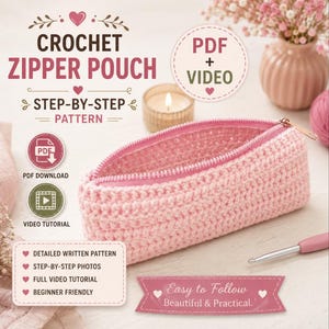 Single Piece Crochet Pencil Case Pattern | No-Sew Zipper Bag Tutorial (PDF Download + VIDEO Guide)