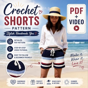 Crochet Shorts Pattern | PDF + Video Tutorial, Side Pockets, Drawstring Waist (XS-3XL)