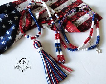 Rhythm Beads Necklace, STARS & STRIPES,  Horse trail riding, bear bells, Trail Beads for Horses,Horse Necklace, Speed Beads, Horse Bells