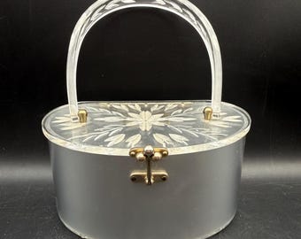 Vtg Florida Handbags Lucite Box Bag Carved Floral Frosted Clear Purse Women