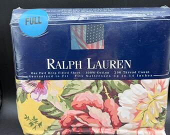 Vtg NIP Ralph Lauren Brooke Floral Fitted Sheet Full Yellow Cotton Cottage