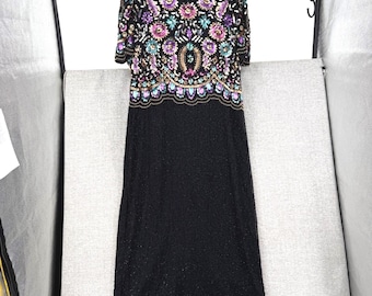 Vestido de noche vintage de Laurence Kazar con lentejuelas y cuentas para mujer, talla 3X, de seda y terciopelo con estampado floral, formal.