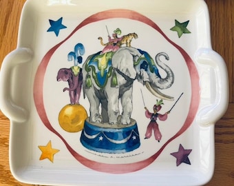 Vtg Villeroy & Boch Le Cirque Square Cake Platter w/ Box Elephant Circus Art