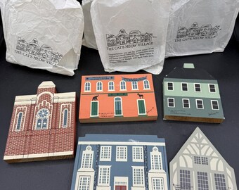 Vtg 1988 The Cat's Meow Village Series Vl 6 Gesigneerde Katachtige Kavel van 5 Kerkschool