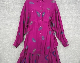 Vintage Liz Claiborne rokset voor dames maat 12, magenta paisleyprint, rayon, tweedelig, boho-stijl