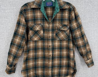 Camisa de franela de lana Pendleton vintage para hombre, talla L, a cuadros, marrón y verde, estilo campestre bohemio.