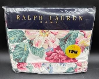 Sábana plana individual vintage Ralph Lauren blanca Lorraine con estampado floral de algodón estilo cottage bohemio.