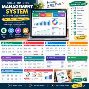 May include: A digital small business management system displayed on a laptop screen, featuring an Excel workbook with eleven sheets including sales trackers, expense logs, inventory lists, customer databases, and financial dashboards with charts.