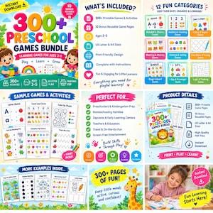 May include: A digital 300+ preschool games bundle featuring printable activities for ages 3-5. The set includes alphabet, numbers, colors, shapes, matching, patterns, tracing, bingo, and logic games in US letter and A4 sizes for instant download.