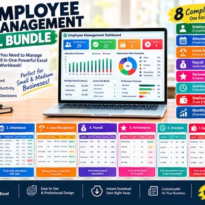 May include: A laptop displaying an Employee Management Excel Dashboard with colorful charts, graphs, and data tables. The screen shows metrics for total employees, attendance, and payroll. Eight distinct modules are listed in a sidebar.