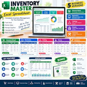 Peut inclure: Un produit numérique de feuille de calcul Excel Inventory Master présentant un écran d'ordinateur portable avec un tableau de bord d'inventaire, cinq versions commerciales, des tableaux de données détaillés pour le commerce, l'électronique, l'habillement, la beauté et le matériel, ainsi qu'un guide utilisateur.