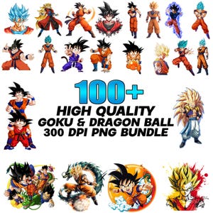 Könnte beinhalten: Eine digitale Sammlung von über 100 hochwertigen Goku- und Dragon Ball-Illustrationen im PNG-Format mit 300 DPI. Die Bilder zeigen verschiedene Posen der Figur mit schwarzen, goldenen und blauen Haaren, bekleidet mit orangefarbenen Uniformen.