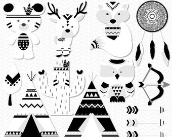 Black And White Tribal Woodland Animal Clipart Etsy