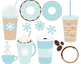 Coffee Clipart, Coffee Clip Art,Winter Clipart, Winter Coffee Clipart,Winter Doughnut Clipart,Iced Coffee Clipart, Snowflakes, Blue White