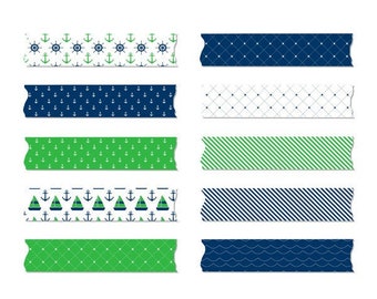 Green White Blue Washi Tape Clipart,Nautical Washi Tape Clip Art,Digital Washi Tape,Digital Planner Stickers,Planner art