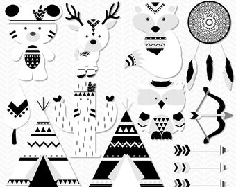 Tribal Animal Clipart,Tribal Animals,Woodland Animal Clipart,Forest Animal Clipart,Black White Tribal Clipart,Boho Clipart