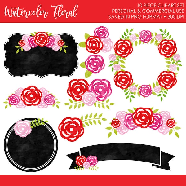 Watercolor Floral Clipart,Red Pink Flower Clipart,Roses Clipart,Valentine Clipart,Chalkboard Tag Clipart,Floral Tag,Flower