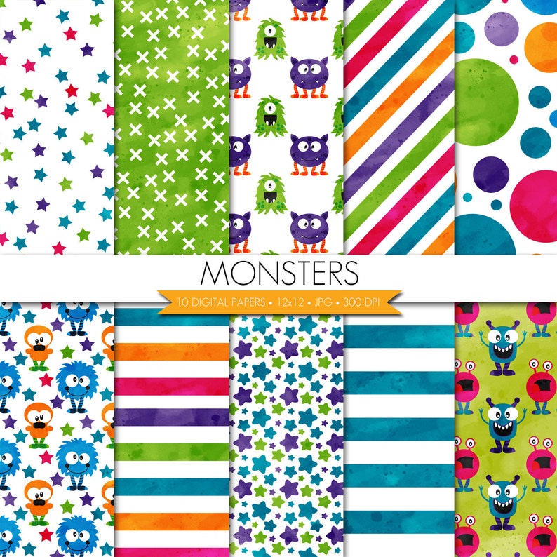 Watercolor Monsters Digital Paper,Monsters Patterened Paper,Monster Scrapbook Paper,Confetti Paper,Stripes Digital Paper,Stars Digital Paper image 1