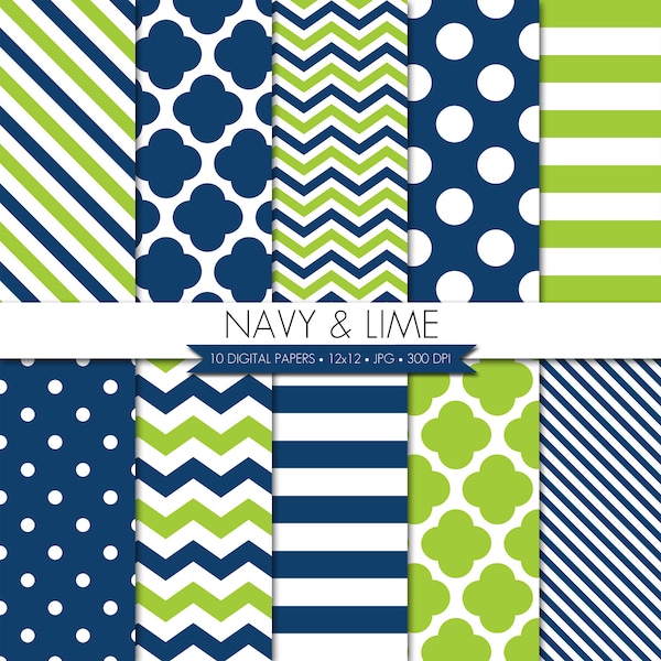 Navy Blue Lime Green Digital Paper,Navy Lime Green Scrapbook Paper,Digital Paper Pack,Digital Scrapbook Paper