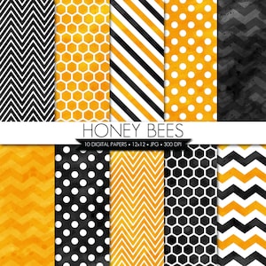 Watercolor Honey Bee Digital Paper,Bumble Bee Digital Paper,Honeycomb Digital Paper,Yellow Black Digital Paper,Busy Bee image 1