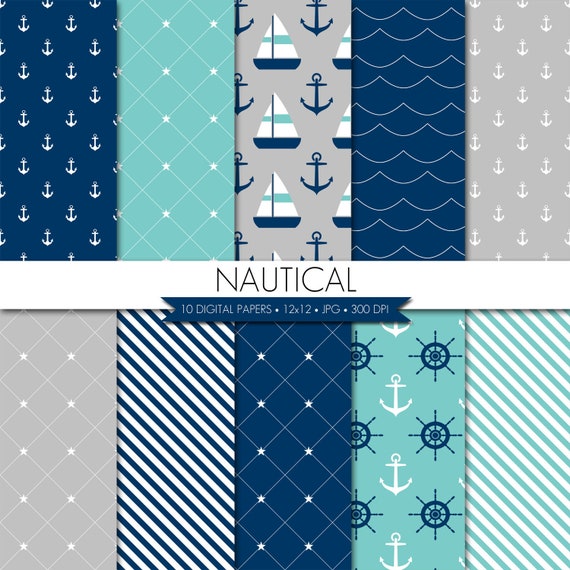 Nautical Digital Paper,Gray Navy Aqua Digital Paper,Coastal Digital Paper,Digital Paper Pack,Digital Paper,Digital Scrapbook Paper,Ocean Il_570xn