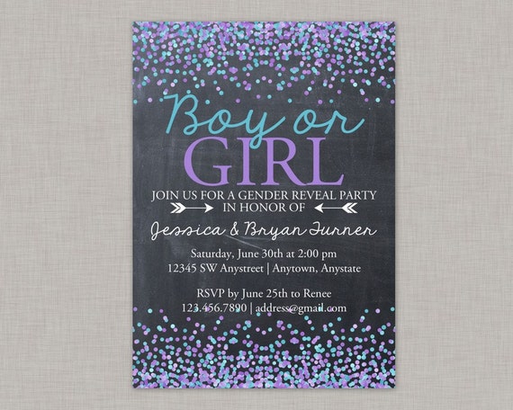 Chalkboard Gender Reveal Invitation, Gender Reveal Invitation, Confetti Gender Reveal Invitation, Purple and Aqua Gender Reveal, Chalkboard Il_570xn