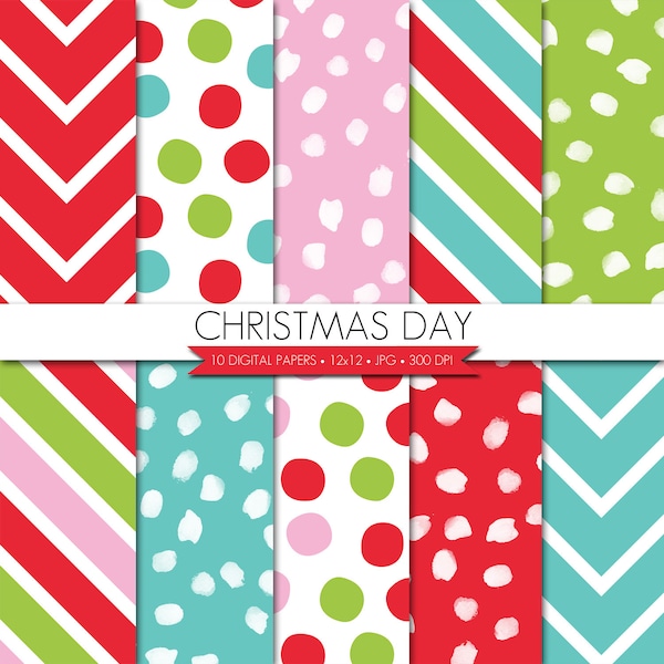 Christmas Digital Paper,Red Green Blue Pink Digital Paper,Christmas Day Digital Paper,Polka Dot Digital Paper,Stripe Paper