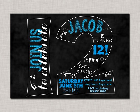 12th Birthday Invitation, Twelfeth Birthday Invitation, Boy Birthday Invitation, 12th, Number 12, Twelfth Birthday, Boy 12th, Chalkboard Il_570xn