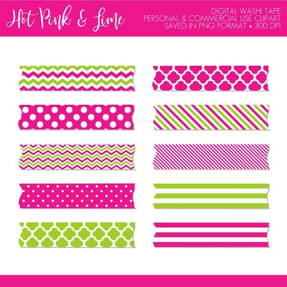 BUY 2 GET 1 FREE! Hot Pink Lime Green Washi Tape Clipart,Pink and Green Washi Tape Clip Art,Digital Washi Tape,Digital Planner Stickers Il_570xn