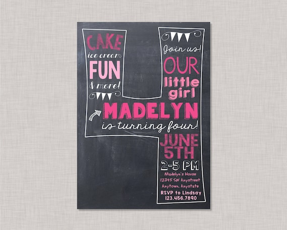 Fourth Birthday Invitation, 4th Birthday Invitation, Girl 4th Birthday Invitation, Girl Birthday Invitation, Chalkboard Invitation, Pink Il_570xn