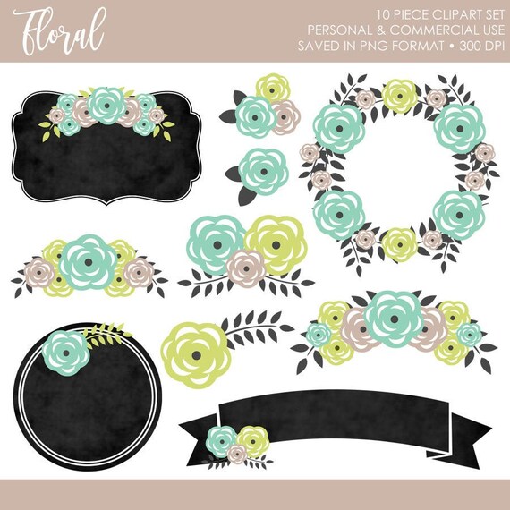 BUY 2 GET 1 FREE! Floral Clipart,Modern Flower Clipart,Roses Clipart,Blue Green Floral Clipart,Chalkboard Tag Clipart,Floral Tags,Flowers Il_570xn