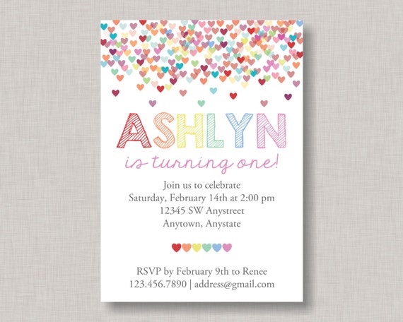 Confetti Birthday Invitation, Heart Birthday Invitation, Valentine Birthday Invitation, Rainbow Invitation, Girl Birthday Invitation, Hearts Il_570xn
