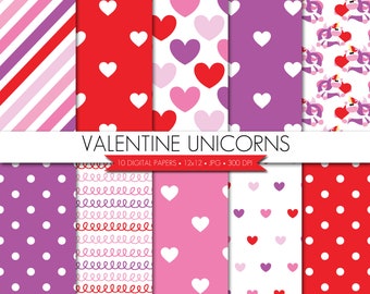 Valentines Day Digital Paper,Valentine Unicorn Digital Paper,Heart Digital Paper,Pink Purple Red Digital Paper,Scrapbook