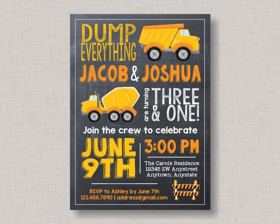 Construction Invitation, Dump Truck Invitation, Construction Birthday Invitation, Siblings, Two Children, Friends, Cousins, Brothers Il_570xn