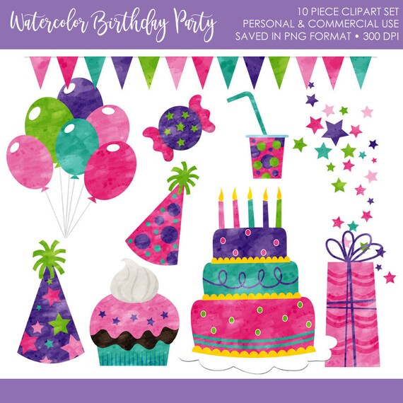 BUY 2 GET 1 FREE! Watercolor Birthday Clipart,Birthday Clip Art,Birthday Party Clipart,Birthday Party Clip Art,Cake Clipart,Cupcake Clipart Il_570xn