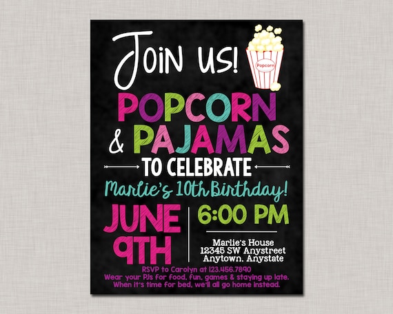 Popcorn and Pajamas Invitation,Movie Birthday Invitation,Popcorn and Pajamas,Sleep Under Invitation,Slumber Party Invitation,Sleep Over Il_570xn