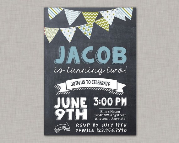 Boy Birthday Invitation, Birthday Invitation, Chalkboard Invitation, Bunting Invitation, DIY Invitation, Printable Invitation Il_570xn